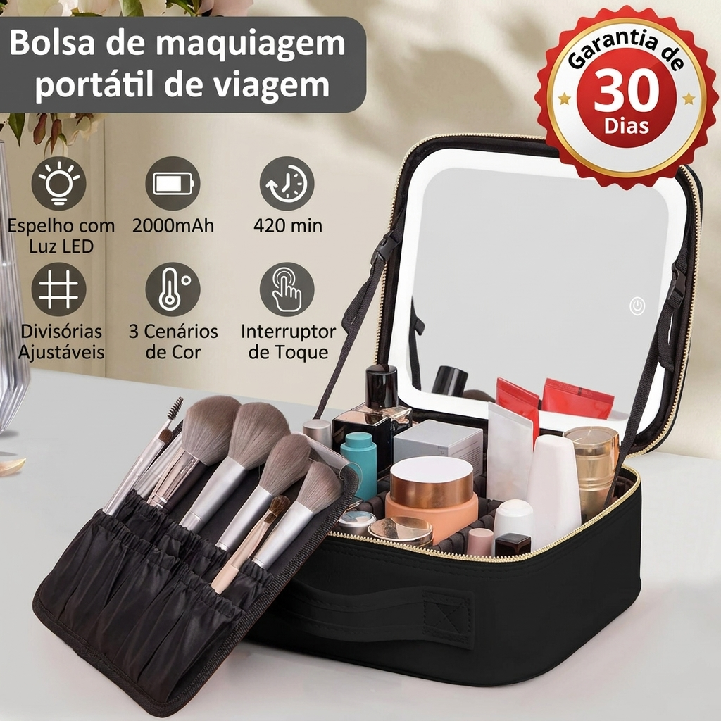 Mala de Maquilhagem com Espelho LED – Beleza Sempre Organizada