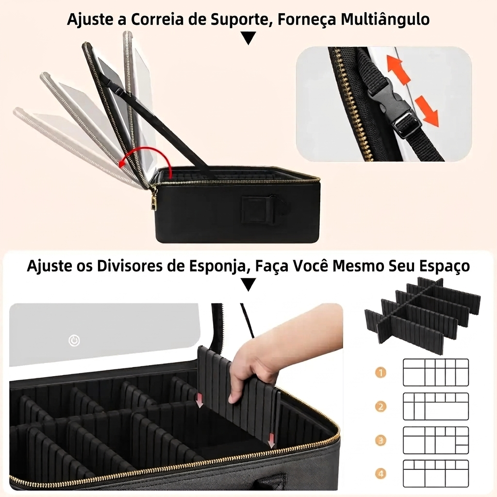 Mala de Maquilhagem com Espelho LED – Beleza Sempre Organizada