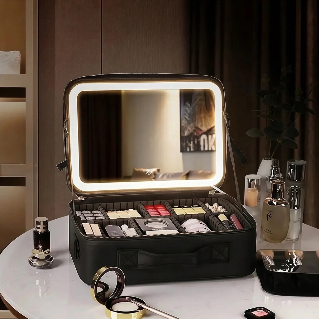 Mala de Maquilhagem com Espelho LED – Beleza Sempre Organizada